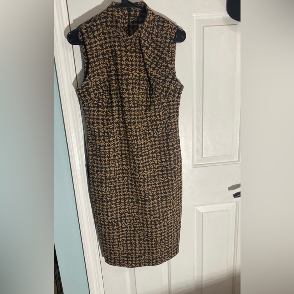 Calvin Klein Black and Brown Houndstooth Midi Dress with Neck Detail
